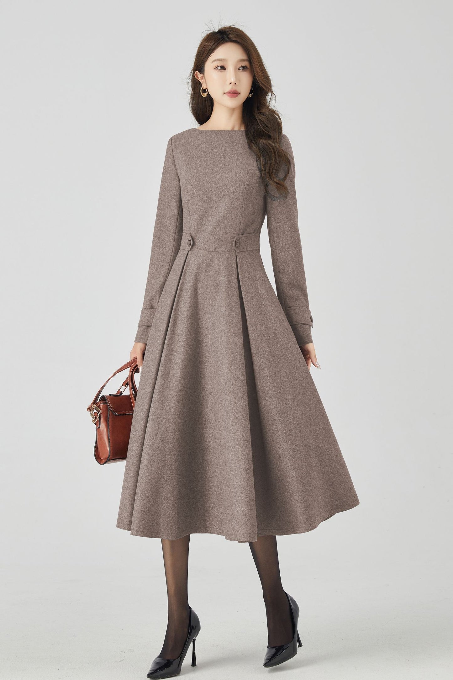 Brown Wool Dress – Handmade Fit & Flare Long Sleeve Midi | Xiaolizi 5444