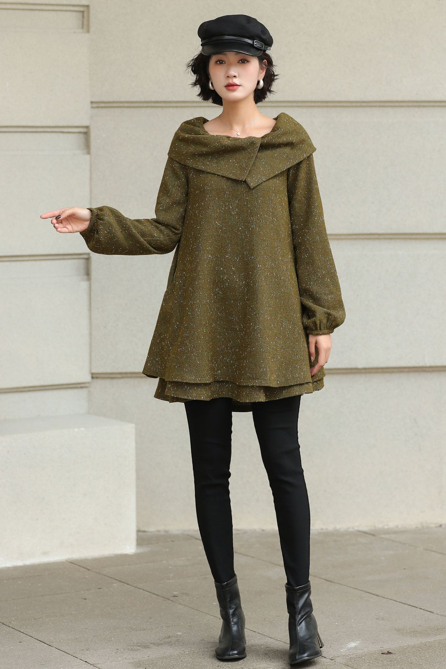 Handmade Wool Blend Tunic Coat – Vintage-Inspired Oversized Collar for Fall/Winter | Xiaolizi 6513