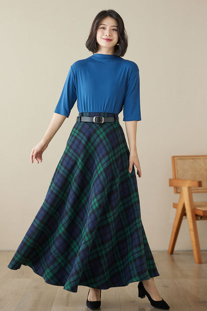 Handmade Navy Plaid Wool Maxi Skirt – Long Winter Swing Skirt | Xiaolizi 4619