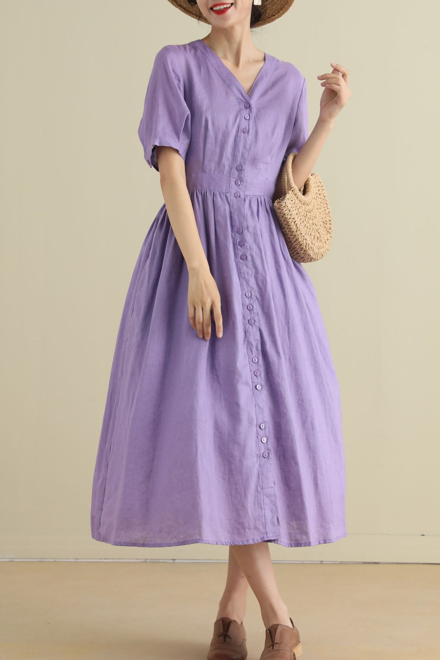 Button up purple midi linen dresses 2796