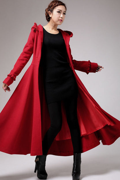 Red Wool Coat Maxi - Hooded Fit & Flare Silhouette 702