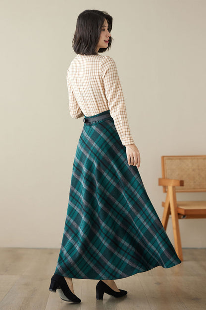 Handmade Deep Green Plaid Wool Maxi Skirt – High Waist A-line Winter Long Skirt | Xiaolizi 4628