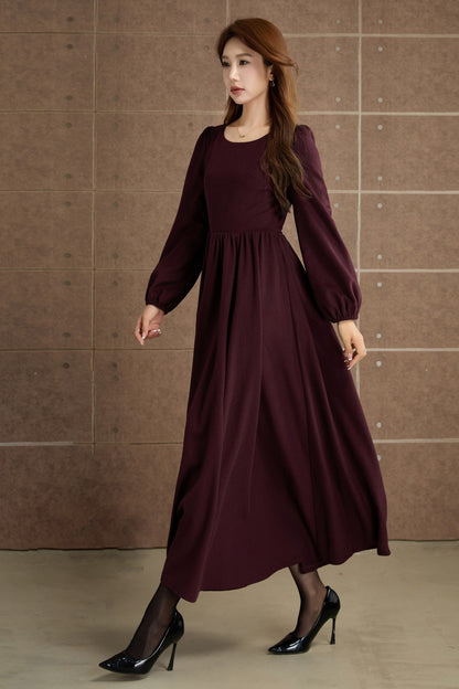 Burgundy Wool Maxi Dress – Elegant Vintage Long Sleeve Winter Dress with Pockets 5359