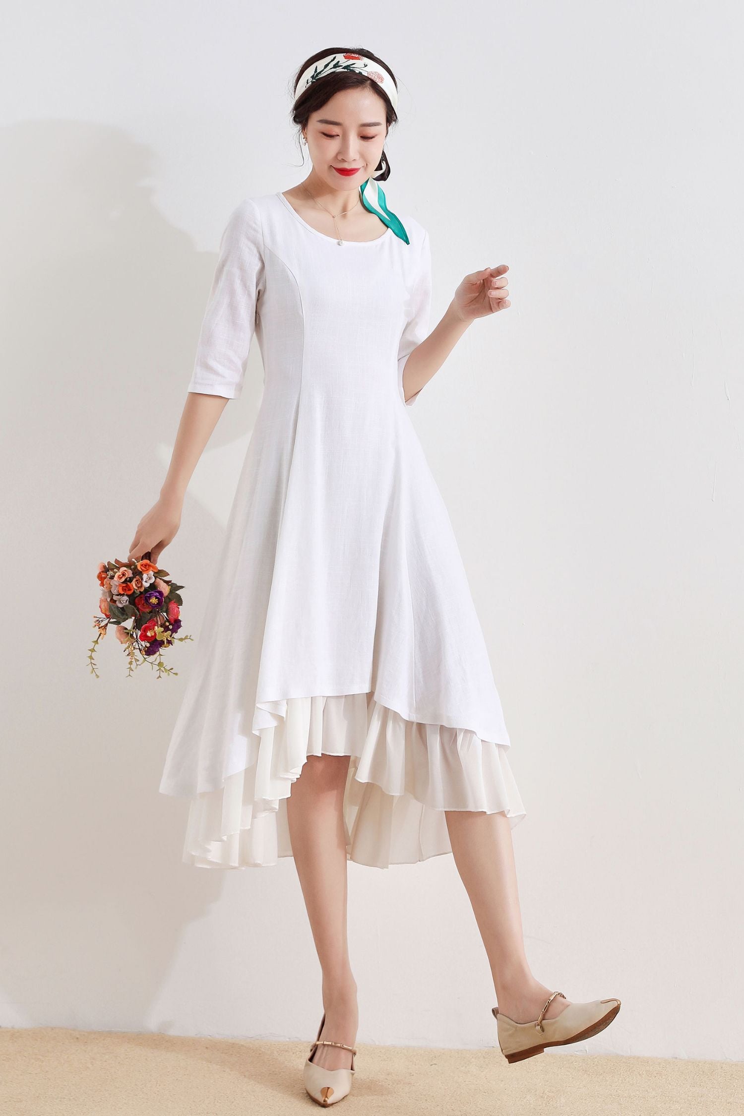 White Linen Summer Dress High-Low Midi with Chiffon Hem 2517 White / L White Linen Summer Dress High-Low Midi with Chiffon Hem 2517 White / L