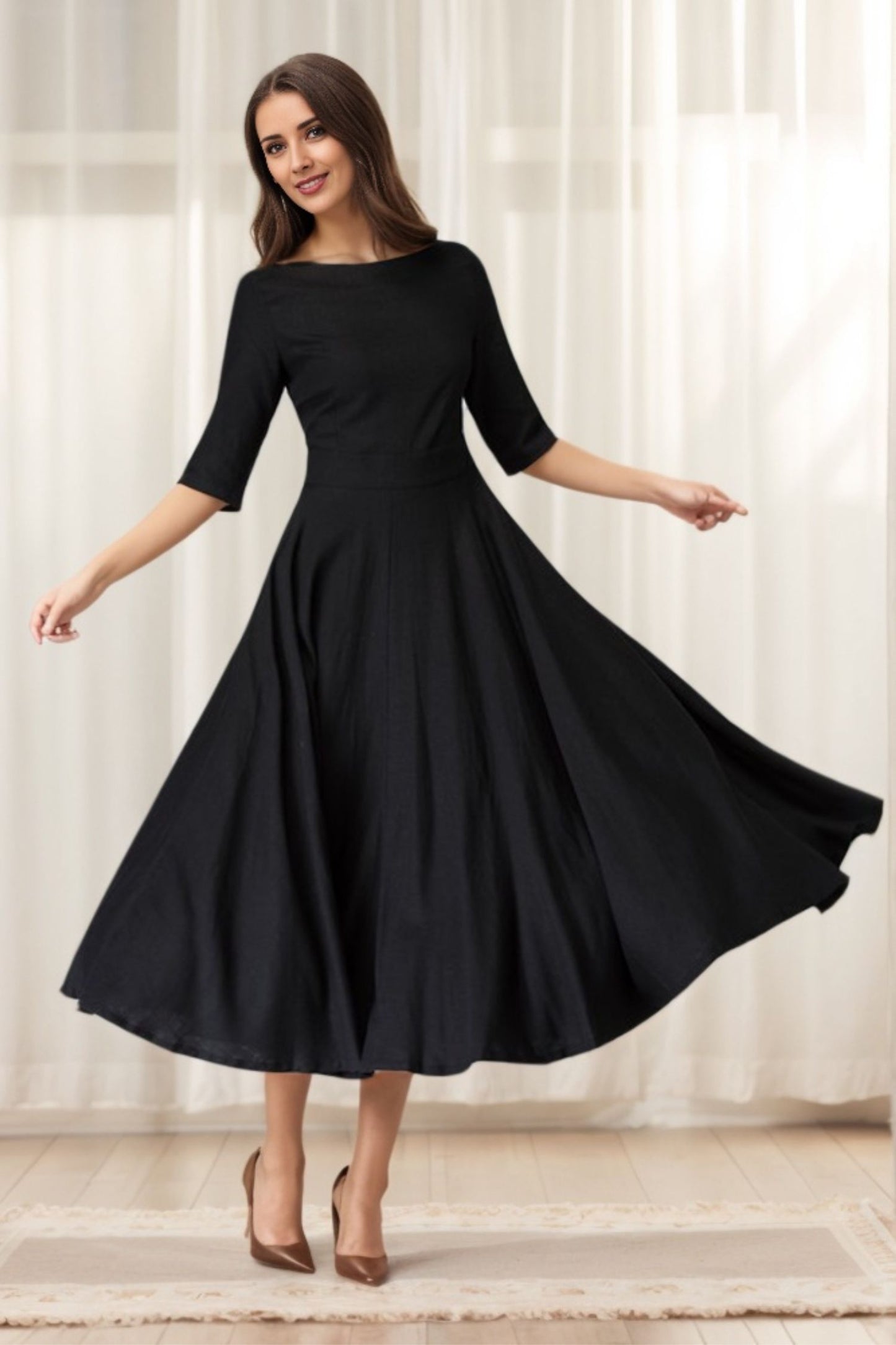 Black Linen Little Black Dress – Handmade Vintage Fit & Flare Midi Dress with Pockets | Xiaolizi 1458