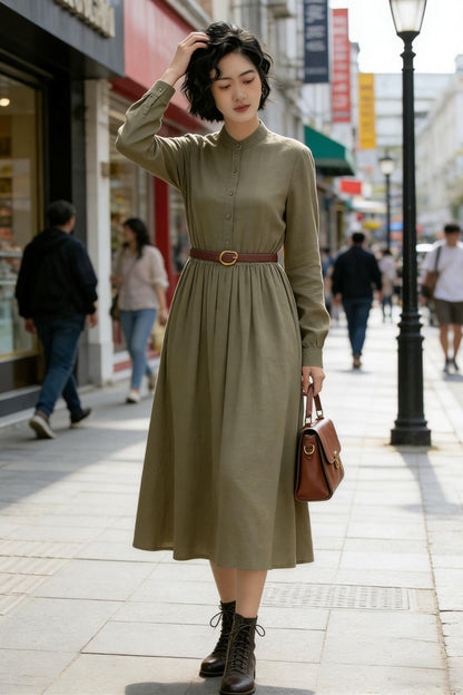 Timeless Beige Linen Midi Dress – Button Front with Stand Collar | Xiaolizi 6772