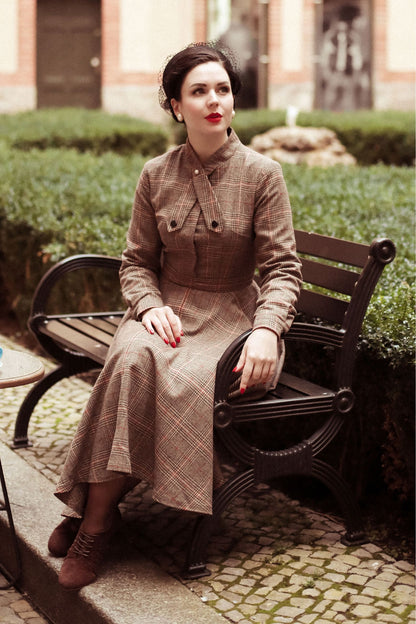 Brown Wool Plaid Dress - 1950s Fit & Flare Knee Length | Xiaolizi 2448