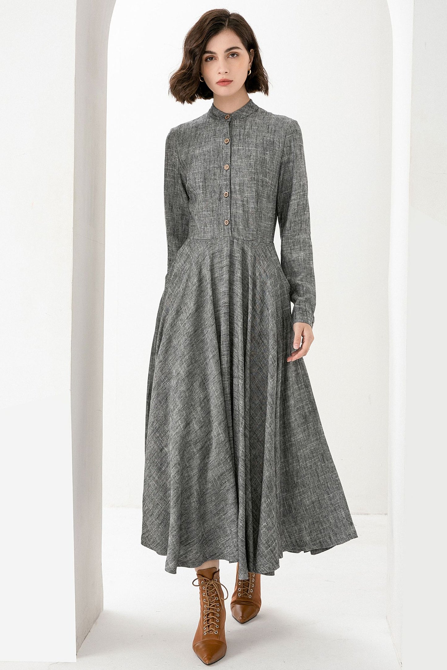 Spring Autumn Long Grey Linen Dress 3831