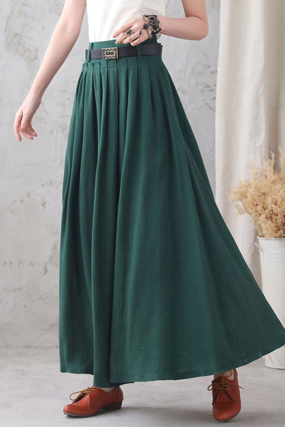 Emerald Green Linen Cotton Long Pleated Swing Skirt - High Waist with Pockets 3333