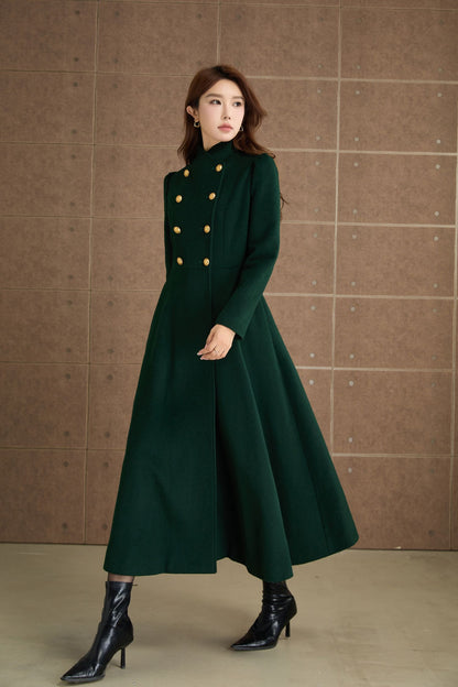 Green Wool Midi Coat - Fit and Flare Double Breasted Winter Outerwear 5368