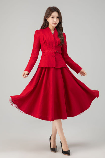 Red Linen Midi Skirt - High Waist Circle Swing Pockets | Xiaolizi 5760