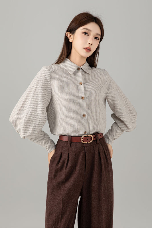 Striped Linen Shirt - Puff Sleeve Button Front | Xiaolizi 6544