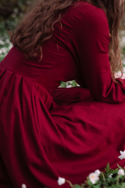 Wine Red Linen Midi Dress – Handmade Vintage Elegance for Timeless Wardrobe 3423