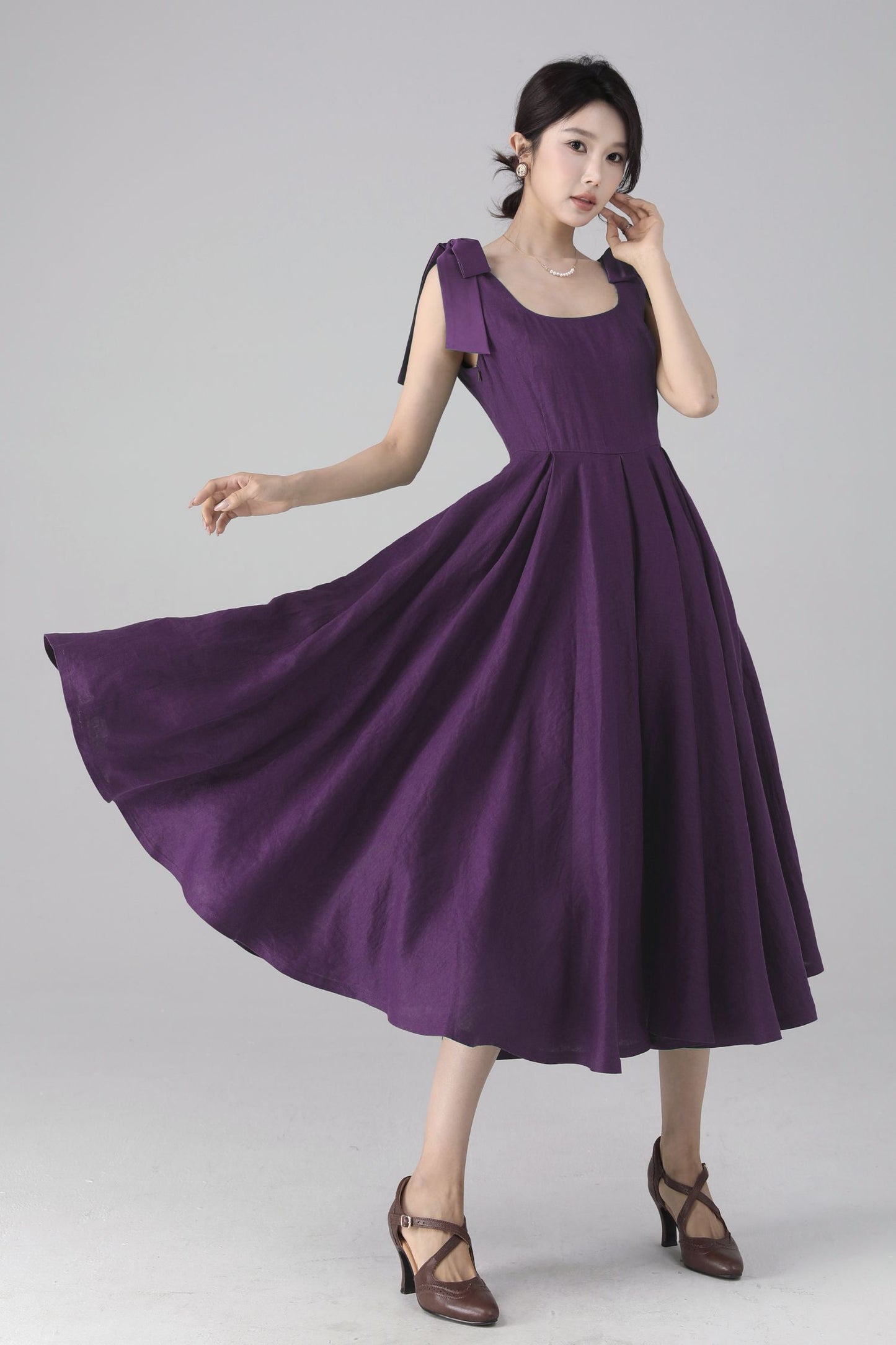 Purple Linen Midi Dress – Handmade Square Neck Fit-and-Flare Dress 6675