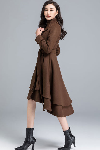 Brown Wool Coat - Asymmetrical Tiered Hem with Self Tie Belt c2491