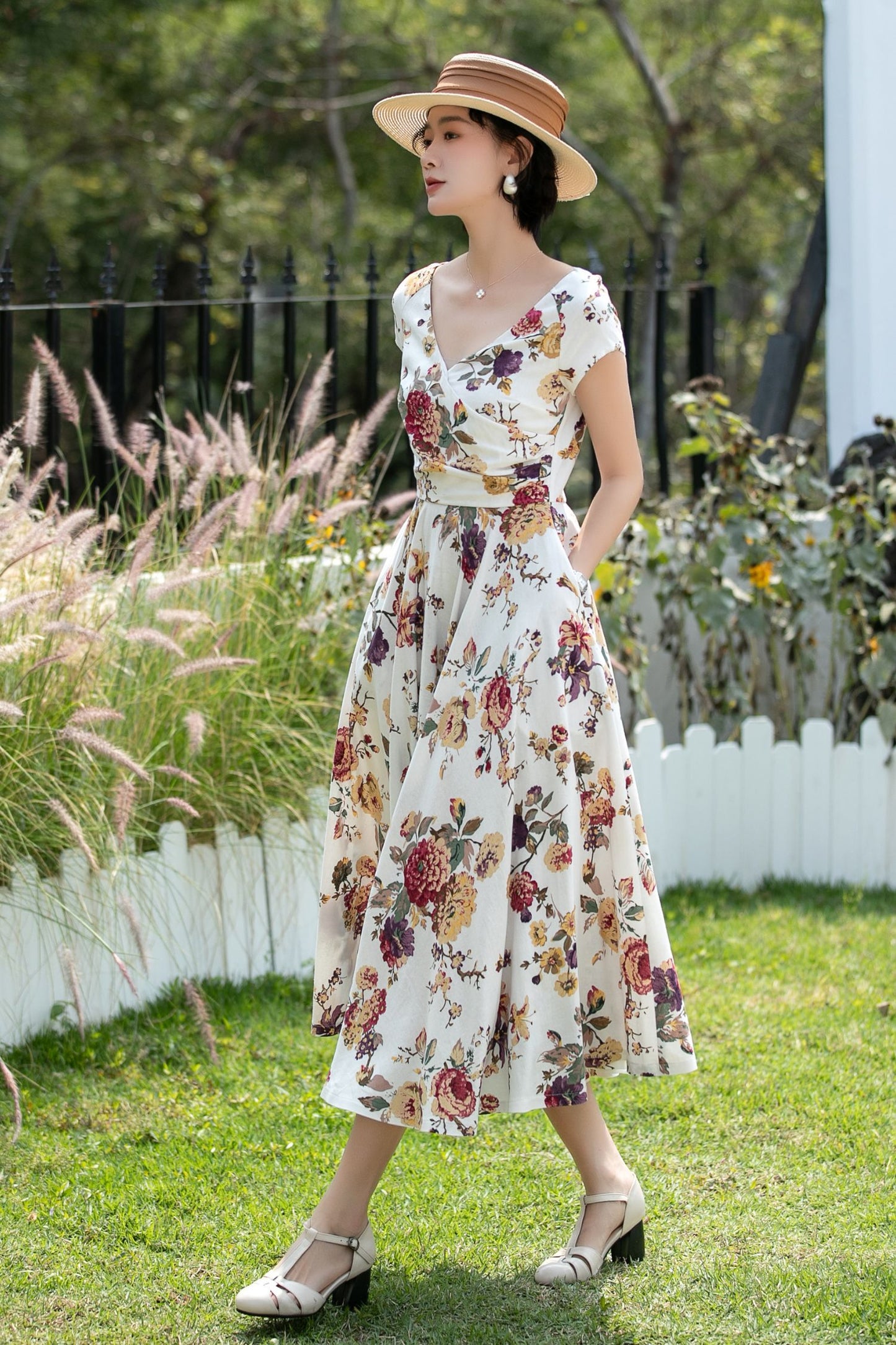 Floral Linen Cotton A-Line Midi Dress for Women 6738 - Size XS #CK2600264