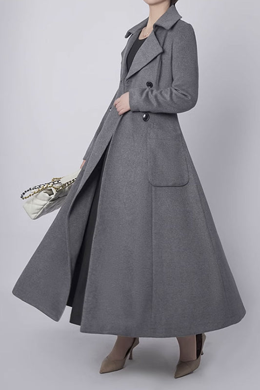 Gray long trench wool coat with big pockets 4436