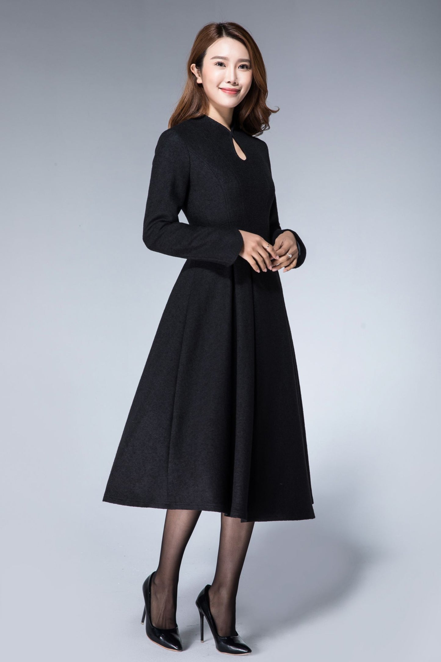 Mandarin collar black winter wool dress women 1872