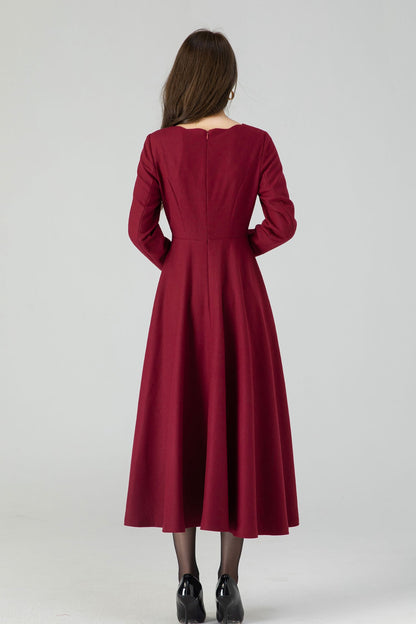 Burgundy Wool Midi Dress - Fit and Flare with Wave Neckline 4546
