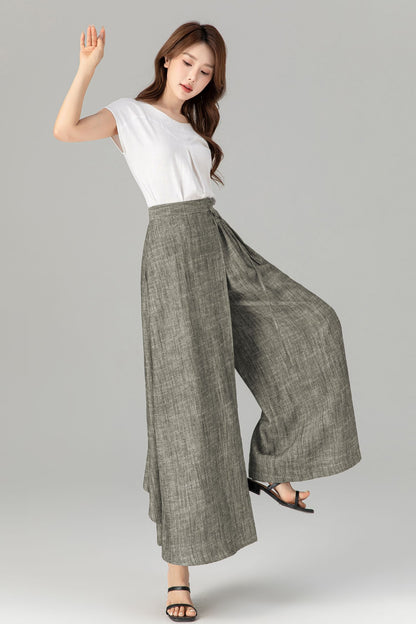 Gray Linen Wide Leg Wrap Pants - Flowing Tie Waist Detail 5749