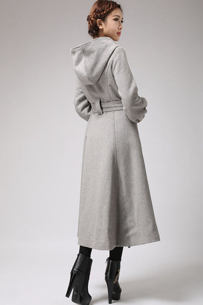 Handmade Grey Wool Coat with Hood – Belted Lantern Sleeve Long Winter Overcoat | Xiaolizi 0708
