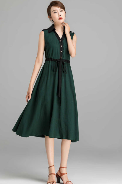 Green Linen Cotton Dress - Sleeveless Button-Down Midi | Xiaolizi 2362