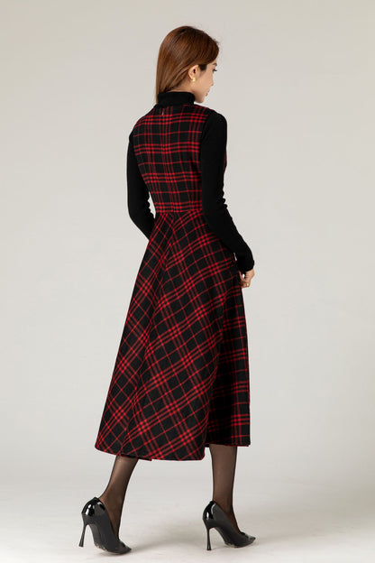 Plaid Wool Midi Dress – Sleeveless Fit and Flare Winter Dress 5478