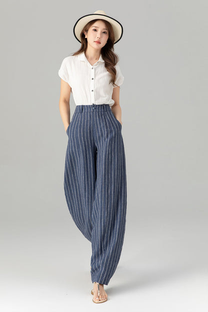 Plus size blue striple long linen pants 4939