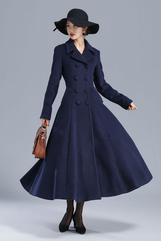 Navy Blue Wool Coat – Elegant Double-Breasted Fit and Flare Long Winter Overcoat 3208