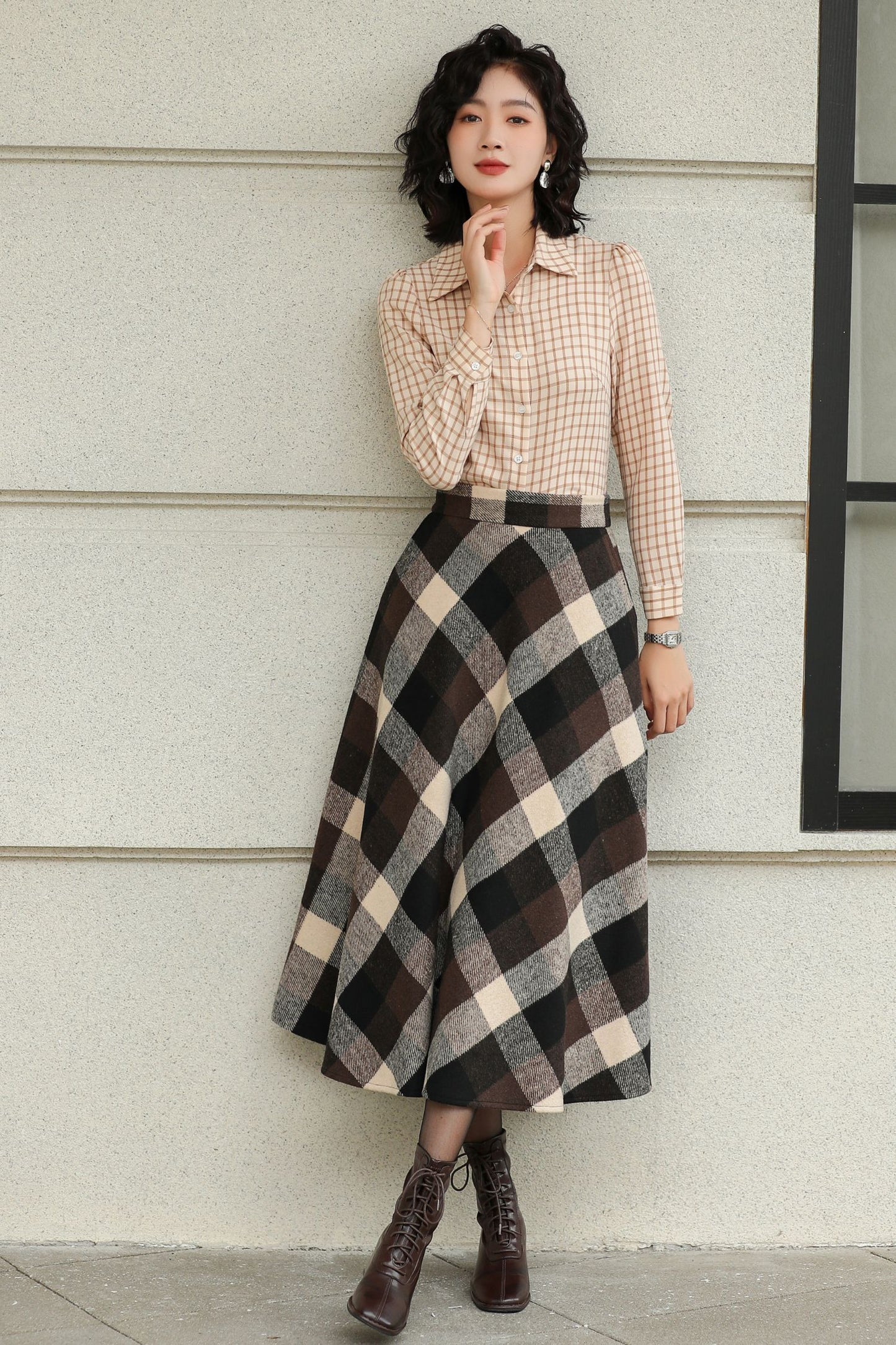 Brown Plaid Wool Midi Skirt – High Waist A-Line Winter Skirt with Pockets 6421