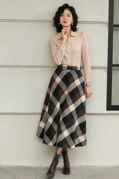 Brown Plaid Wool Midi Skirt – High Waist A-Line Winter Skirt with Pockets 6421