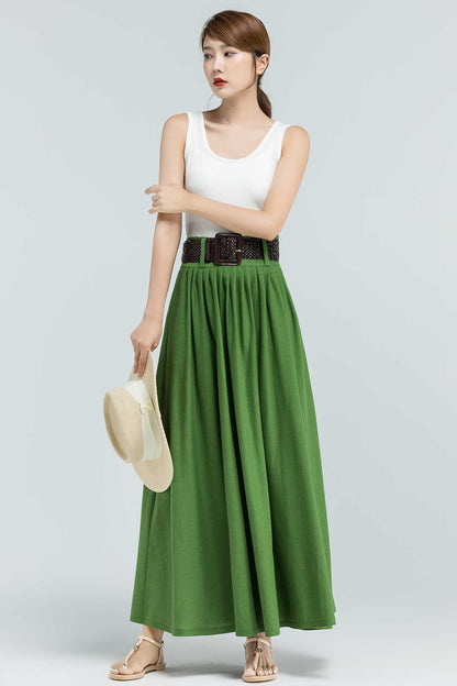 Green Linen Maxi Skirt - Pleated Waist with Pockets 2381