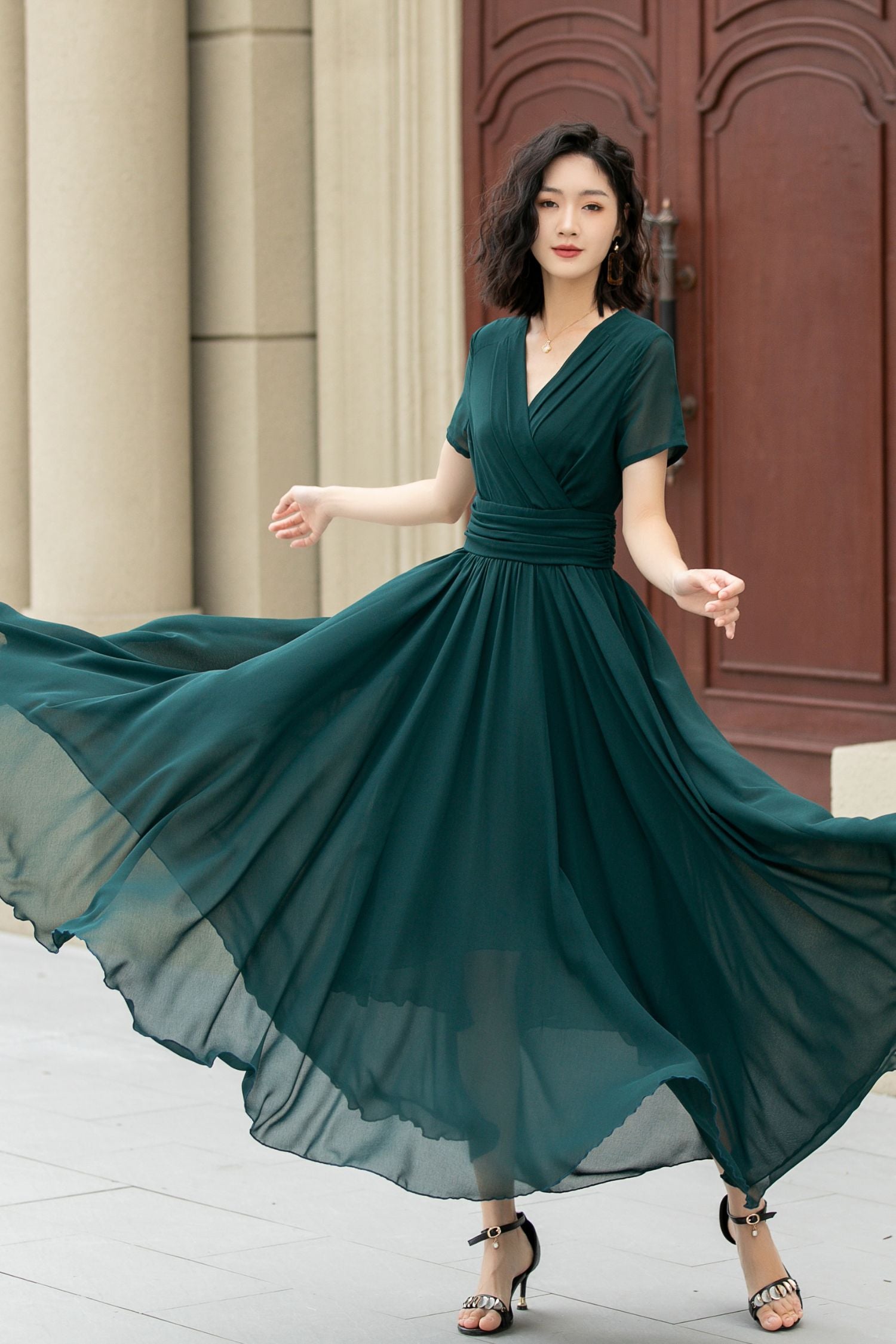 Dark Green Chiffon Maxi Dress V Neck Swing Party Elegance 5114 Emerald Green / S Dark Green Chiffon Maxi Dress V Neck Swing Party Elegance 5114 Emerald Green / S