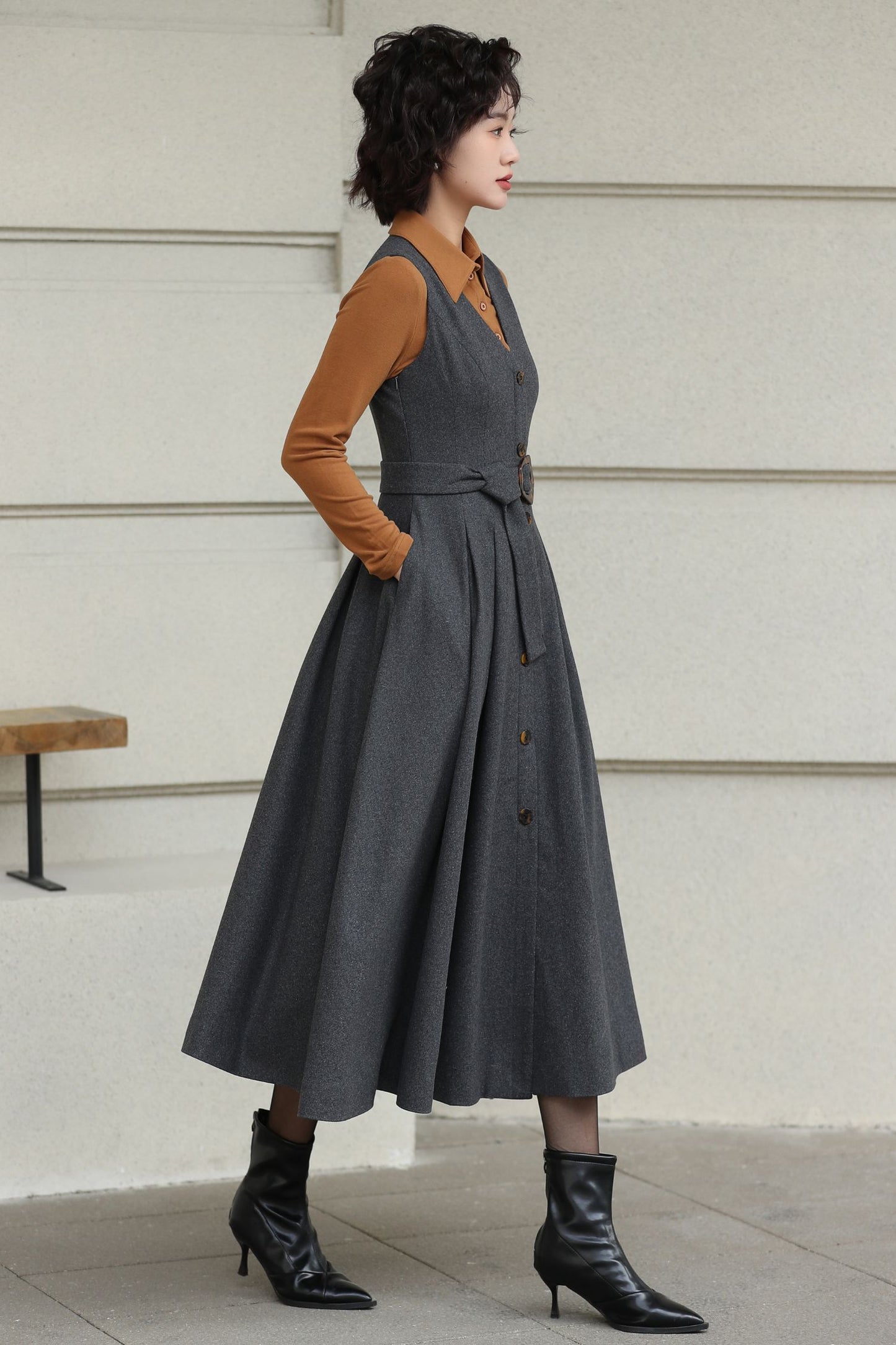 Gray Handmade Wool Pinafore Midi Dress – Vintage A-Line Style 6614
