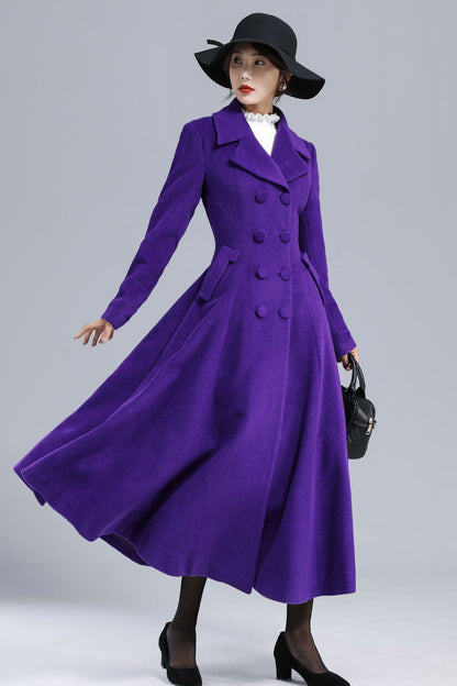 Purple Wool Coat - Vintage Double-Breasted Fit-and-Flare Overcoat 3237