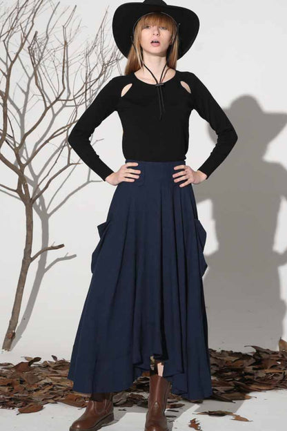 Navy Linen Maxi Skirt - Asymmetrical Ruffle Hem with Pockets 1157