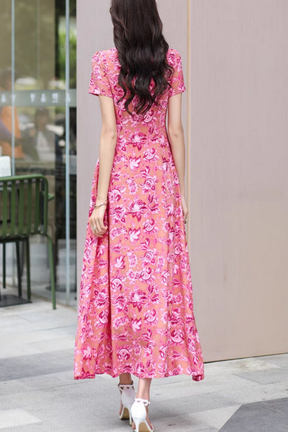 Pink Floral Chiffon Maxi Dress - V-Neck, Fitted Waist 5043