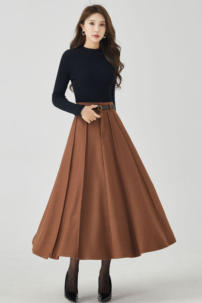 Handmade Wool Pleated Midi Skirt – High Waist Brown Winter Skirt | Xiaolizi 5250