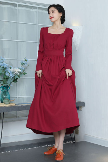 Wine Red Linen Dress - Vintage Fit & Flare with Square Neckline 3370
