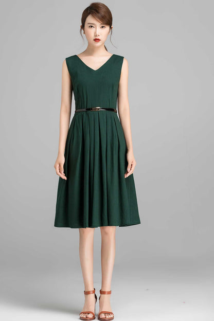 Sleeveless knee length green linen dress 2357