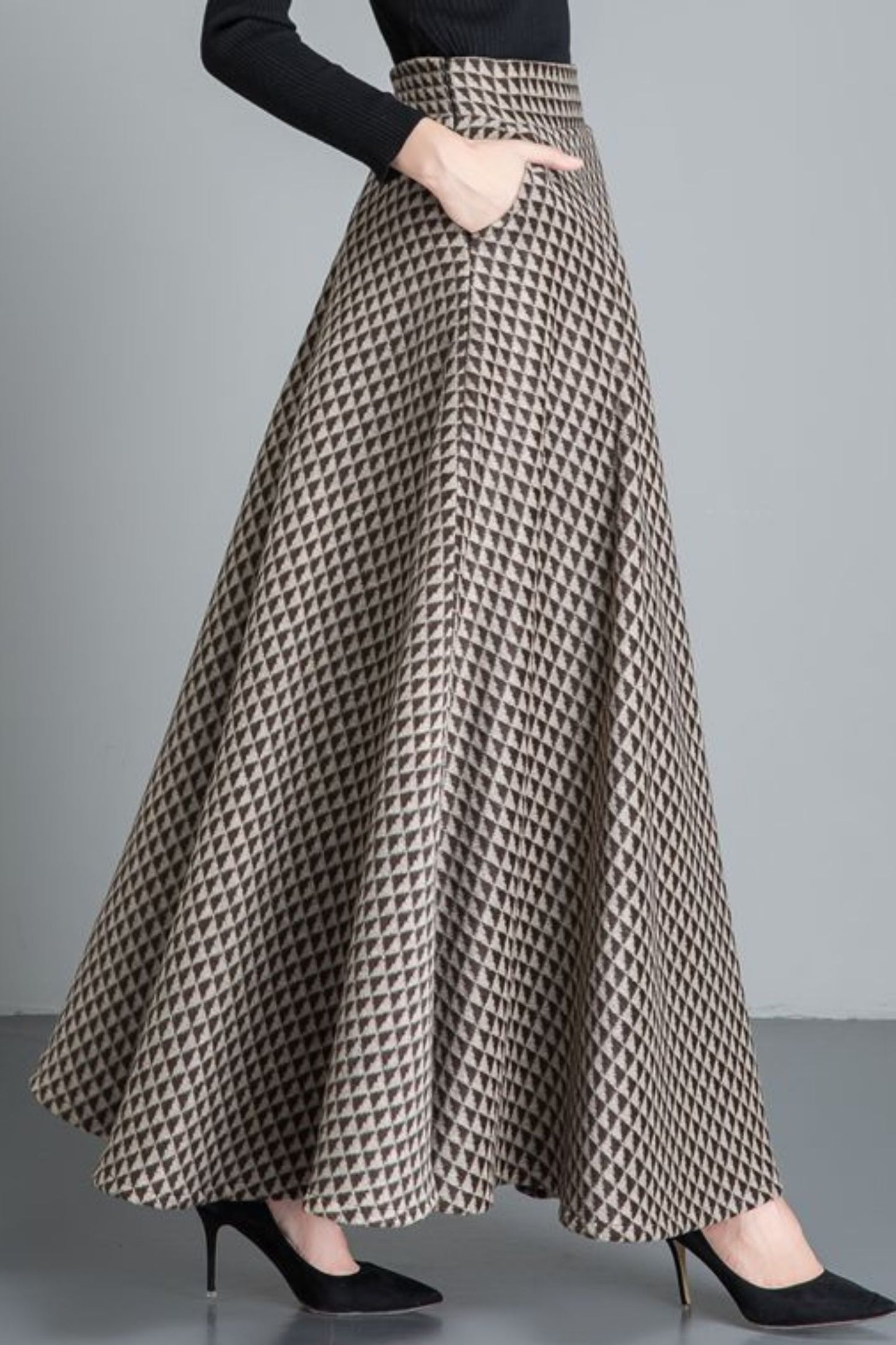 A line maxi plaid long wool skirt 6198
