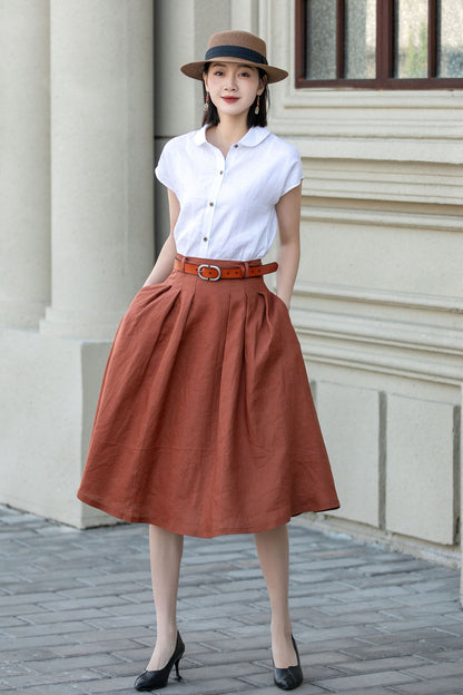 Rust Linen A-Line Midi Skirt - Pleated, Flowy Silhouette 4904