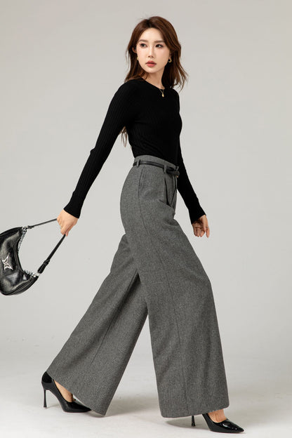 Gray Wool Wide-Leg Pants - High Waist Fitted | Xiaolizi 5482