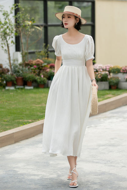 White Linen Midi Dress - Puff Sleeve, Empire Waist Swing 5983