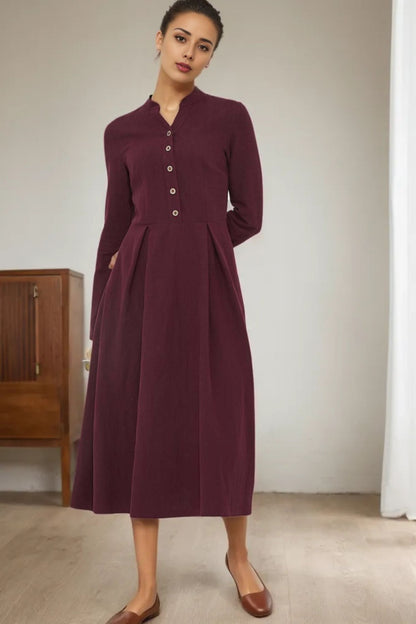 Burgundy Linen Midi Dress - Button Front A-Line Long Dress 5570