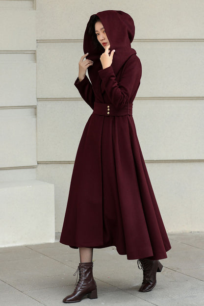 Burgundy Wool Long Coat - Hooded Oversize with Self Belt 6534