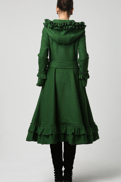 Dark Green Wool Coat – Vintage Ruffle Hooded Winter Overcoat with Tie Belt 1120