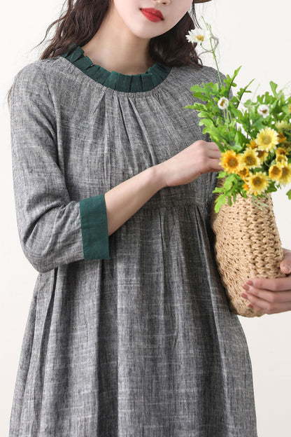 Loose fitting patchwork gray linen dress 2578