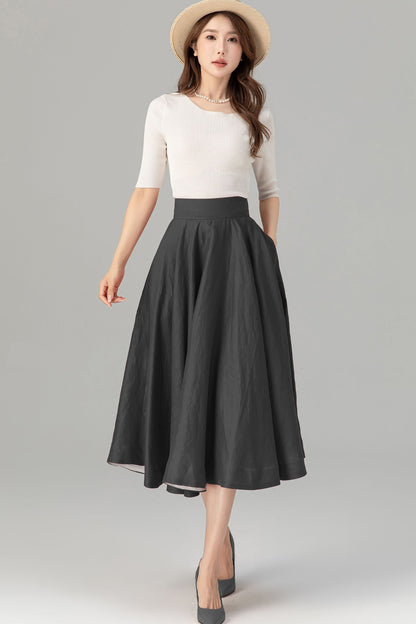 Grey Linen Midi Skirt - High Waist Flared Circle Swing | Xiaolizi 5728