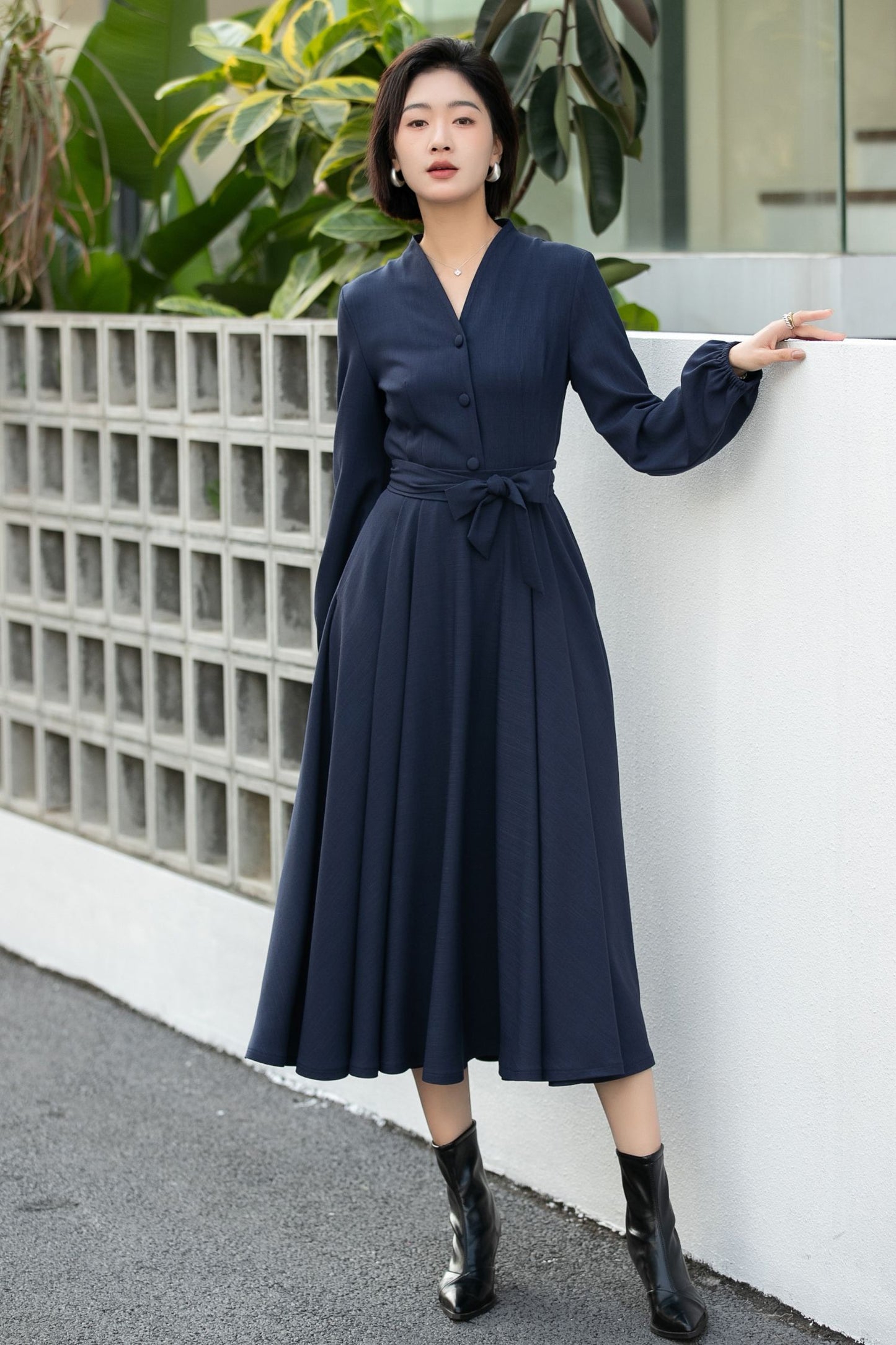 Handmade Navy Blue Button-Front Midi Dress – Vintage Long Sleeve Swing Dress 6659 -Size XS #CK2600029